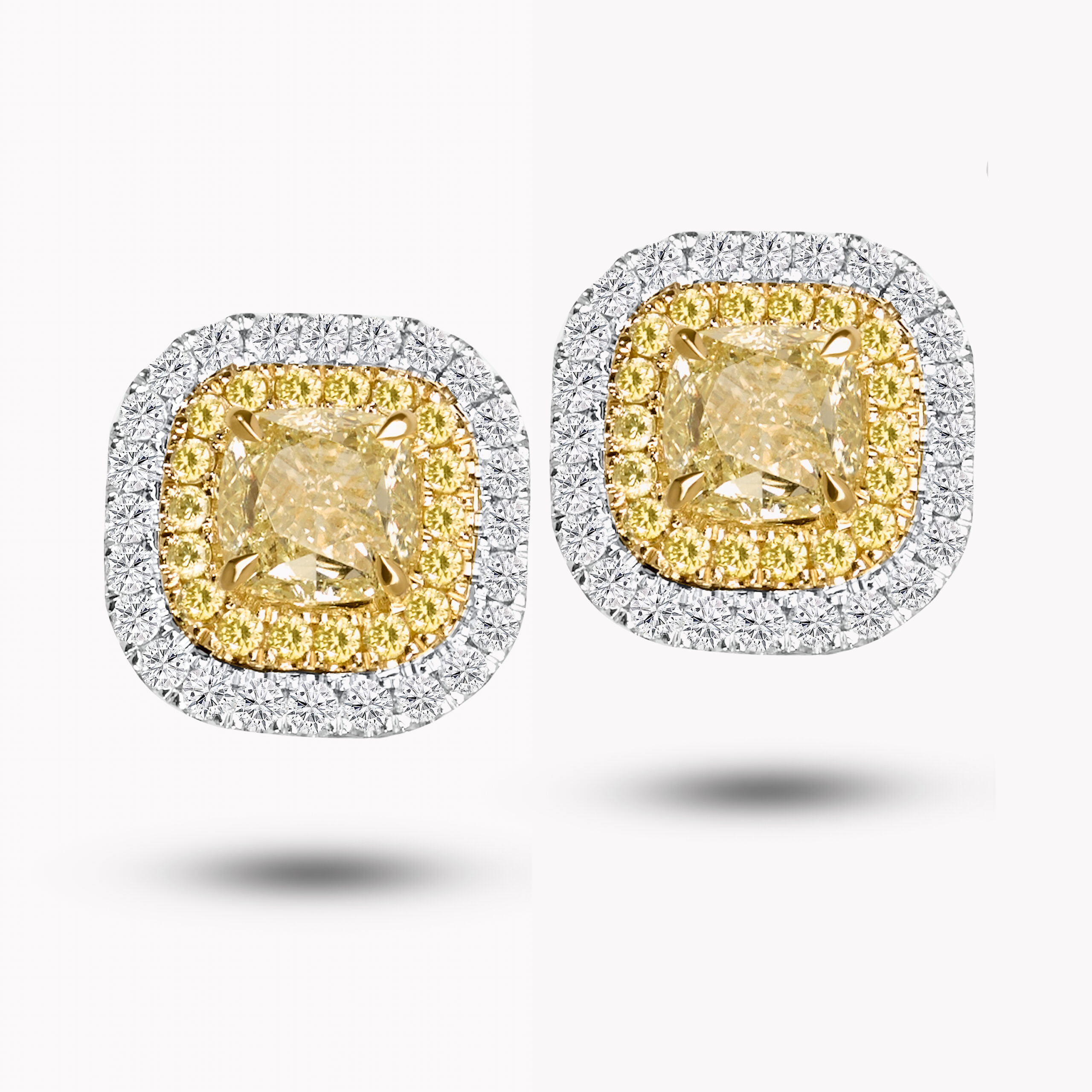 Yellow Cushion-Cut d Diamond Earrings with Double Halo