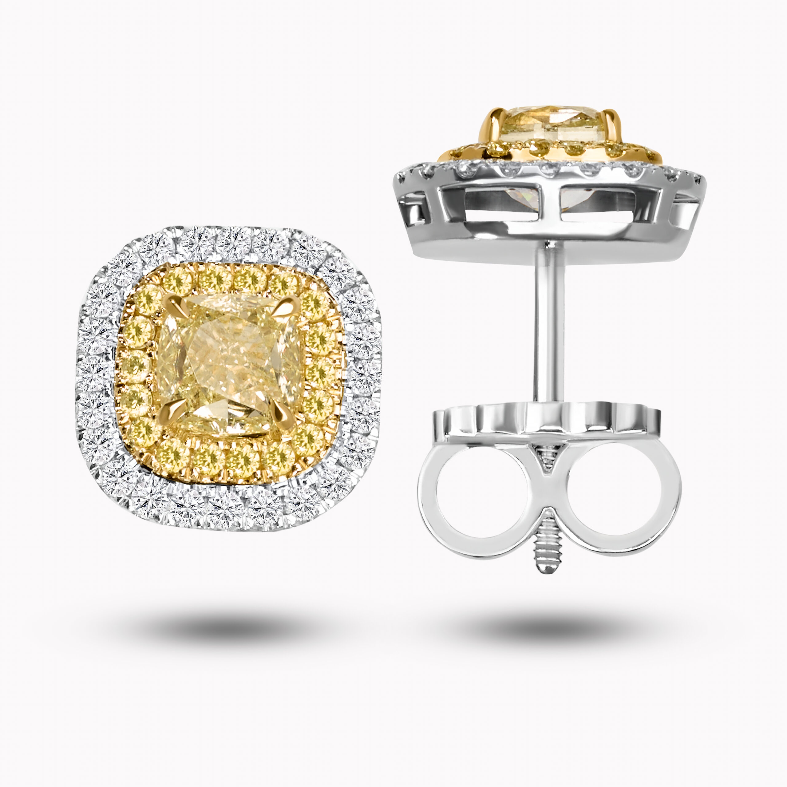 Yellow Cushion-Cut d Diamond Earrings with Double Halo